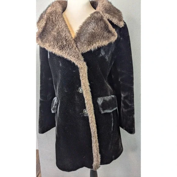 Vtg Glenorba Glenoit Faux Fur Coat Womens Black Brown Trim Winter Cozy Retro USA - Picture 11 of 16